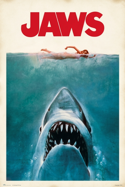 This is a iconic 1975 Jaws movie poster featuring artwork by Roger Kastel